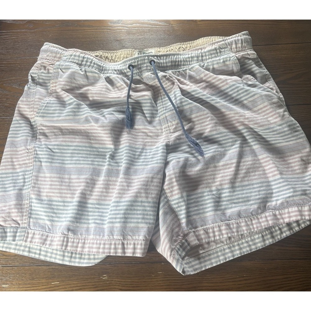 LL Bean Swim Trunks Mens 2XL Red White Blue Striped Pocket Stretchy